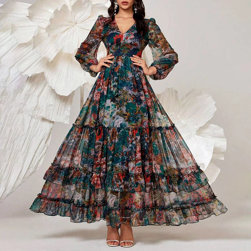 Fiora | Multicolor Floral Layered Ruffle Maxi Dress - Sheer Long Sleeve Silhouette