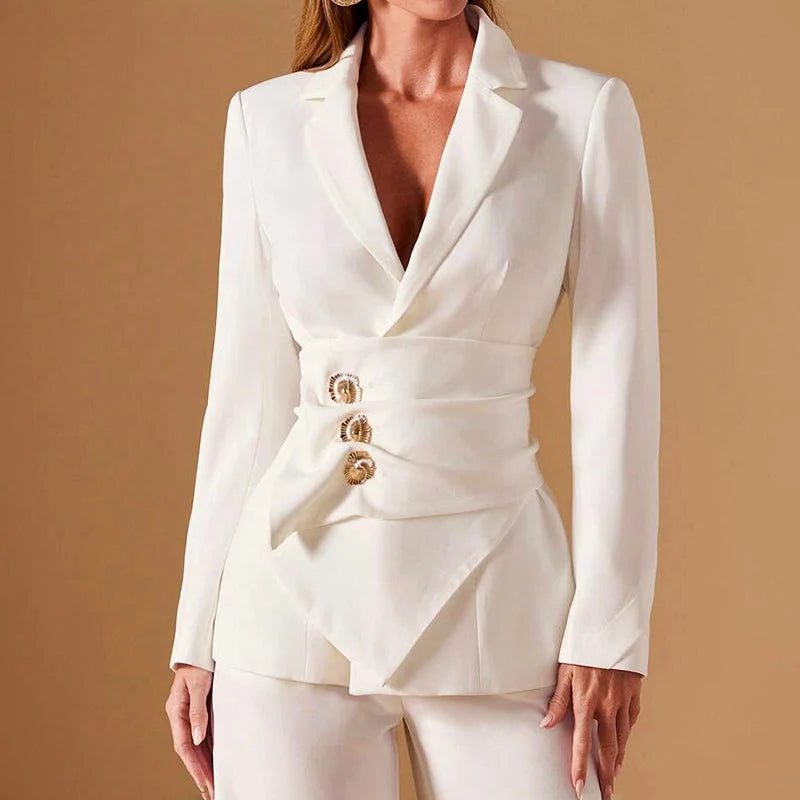 Gabrielle | Ruched Blazer Pants Set – Asymmetric Tailored Two Piece Suit Outfit