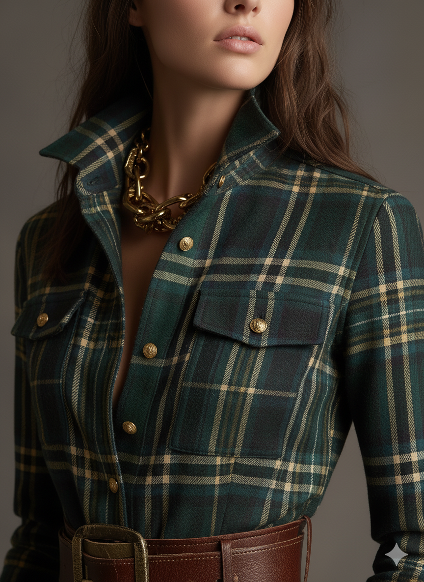 Anwen | Plaid-Pattern Lapel-Collar Belted Maxi Dress - Long-Sleeve Button-Front