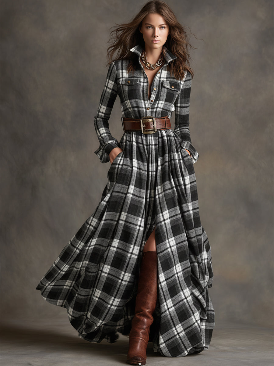 Anwen | Plaid-Pattern Lapel-Collar Belted Maxi Dress - Long-Sleeve Button-Front