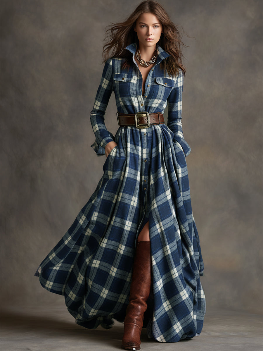 Anwen | Plaid-Pattern Lapel-Collar Belted Maxi Dress - Long-Sleeve Button-Front