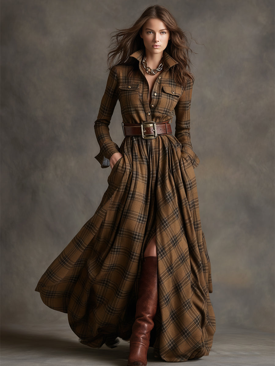 Anwen | Plaid-Pattern Lapel-Collar Belted Maxi Dress - Long-Sleeve Button-Front