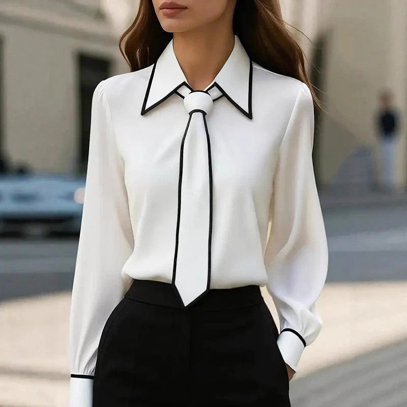 Marielle | Contrast Tie Neck Blouse – Refined Long Sleeve Top for Polished Style