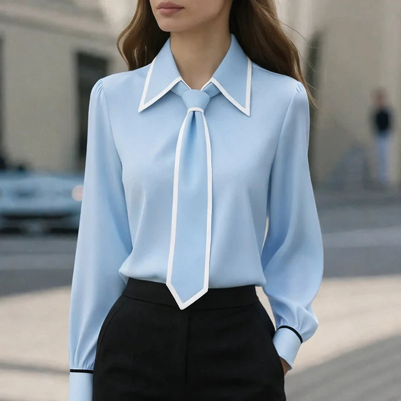 Marielle | Contrast Tie Neck Blouse – Refined Long Sleeve Top for Polished Style