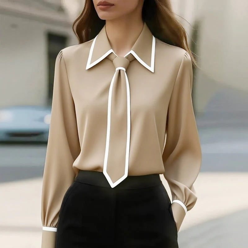 Marielle | Contrast Tie Neck Blouse – Refined Long Sleeve Top for Polished Style