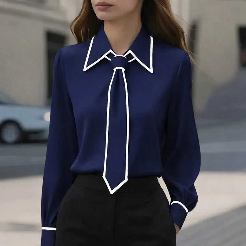Marielle | Contrast Tie Neck Blouse – Refined Long Sleeve Top for Polished Style