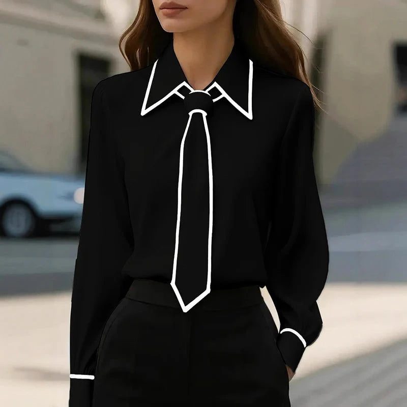Marielle | Contrast Tie Neck Blouse – Refined Long Sleeve Top for Polished Style