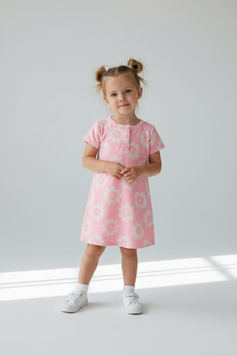 Girls Flower Pattern Terry Cloth Dress – Easy Slip-On Swim Cover-Up