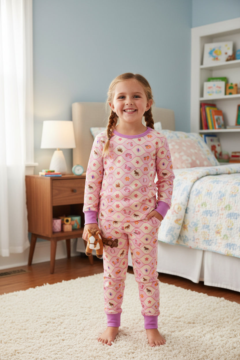 Girls Rodeo Print Pajama Set – Fun Western Style Loungewear for Kids