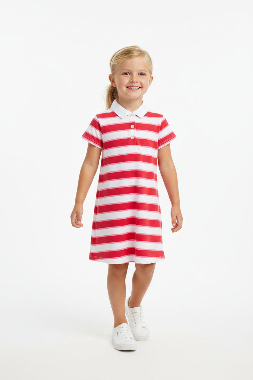 Girls Sporty Striped Polo Dress – Casual Collared Rugby Style Outfit for Kids