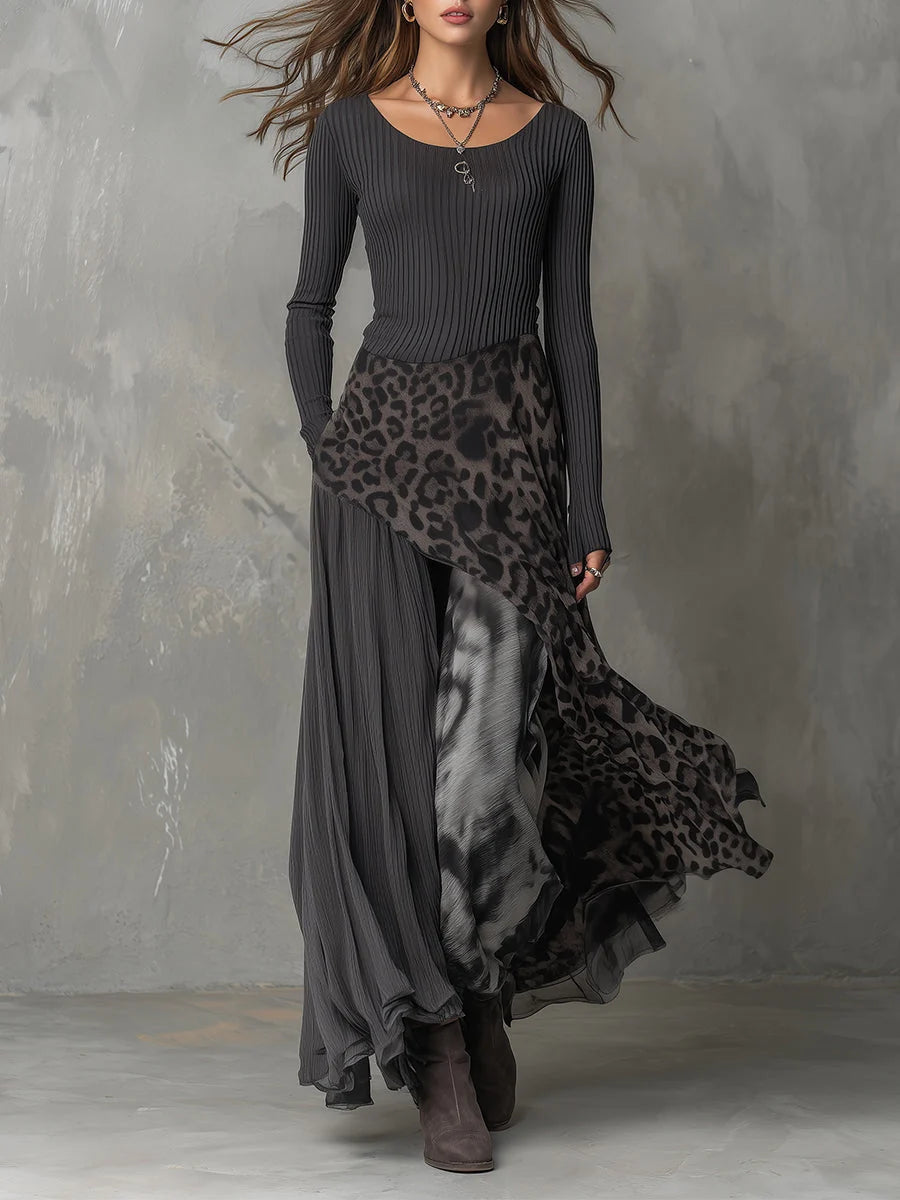 Giselle | Mixed-Print Draped Long-Sleeve Maxi Dress - Statement Evening Wear