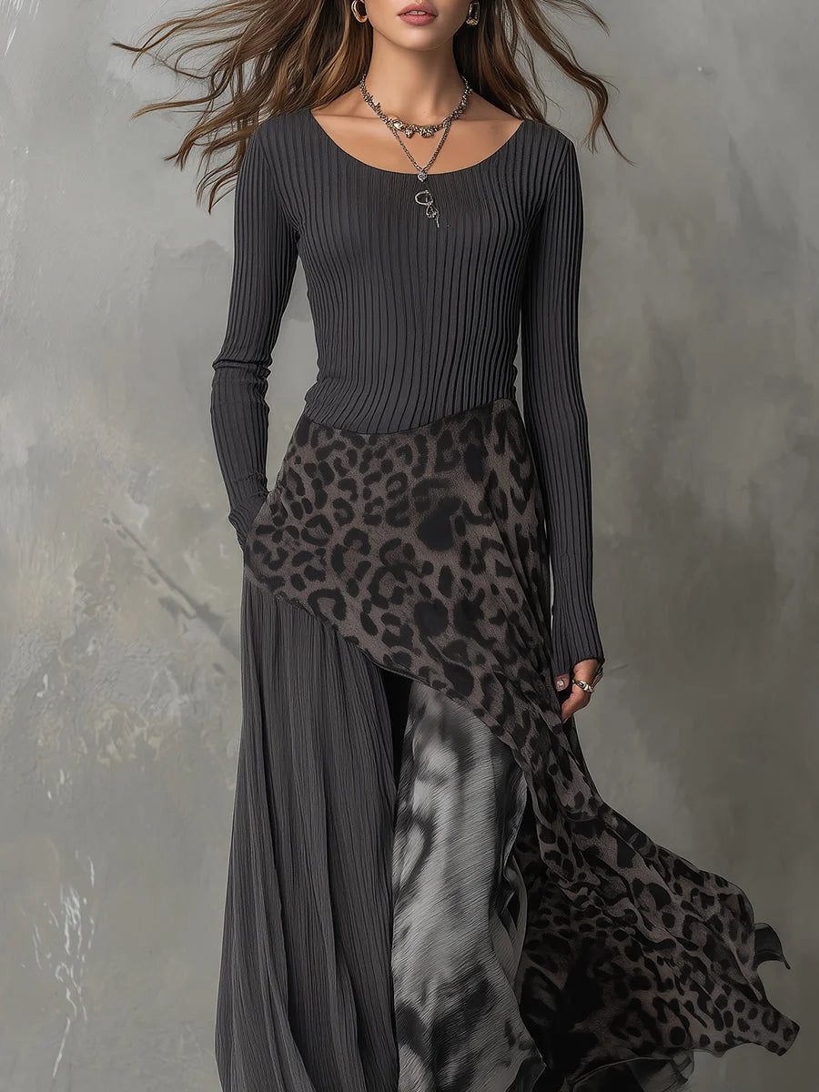 Giselle | Mixed-Print Draped Long-Sleeve Maxi Dress - Statement Evening Wear
