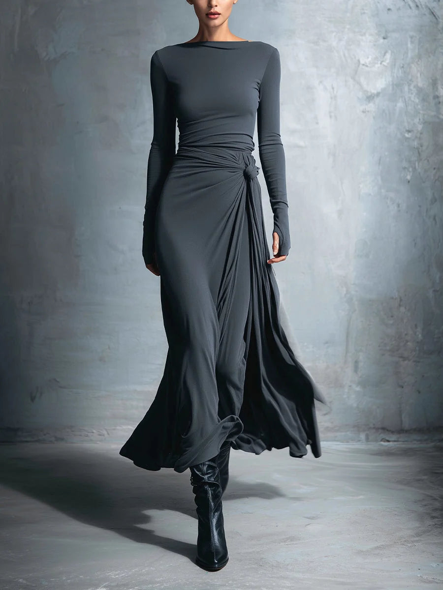 Heloise | Draped Long-Sleeve Knot-Waist Maxi Dress - Elegant Evening Wear