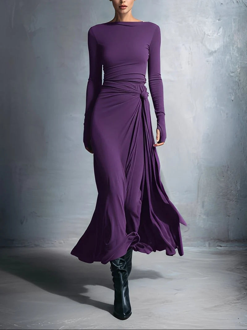Heloise | Draped Long-Sleeve Knot-Waist Maxi Dress - Elegant Evening Wear