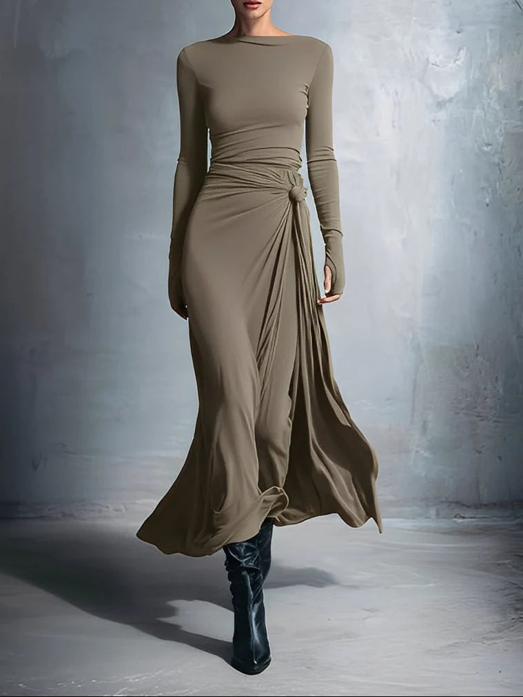 Heloise | Draped Long-Sleeve Knot-Waist Maxi Dress - Elegant Evening Wear