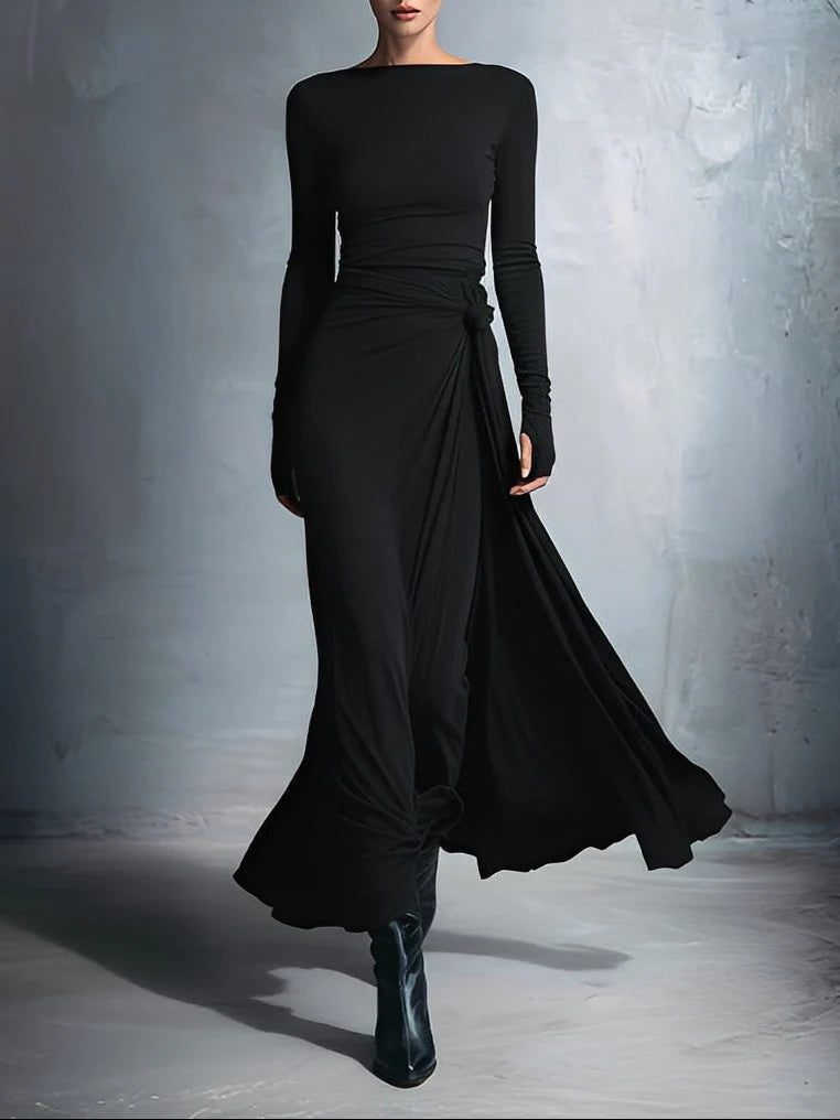 Heloise | Draped Long-Sleeve Knot-Waist Maxi Dress - Elegant Evening Wear
