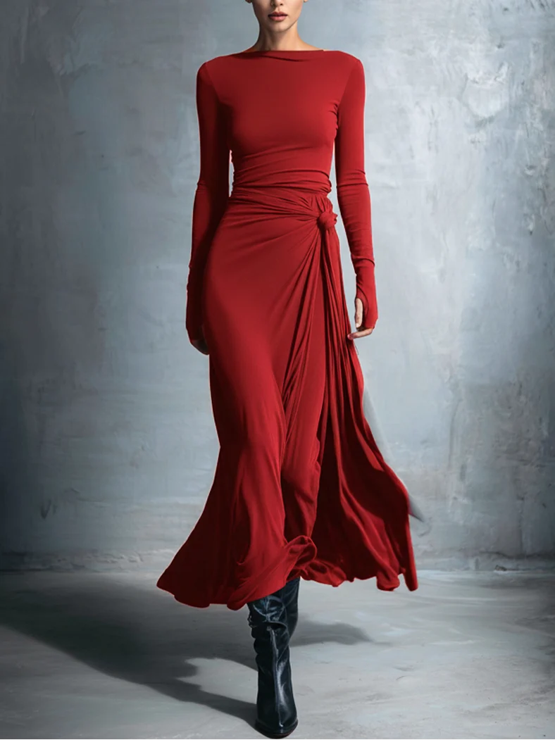 Heloise | Draped Long-Sleeve Knot-Waist Maxi Dress - Elegant Evening Wear