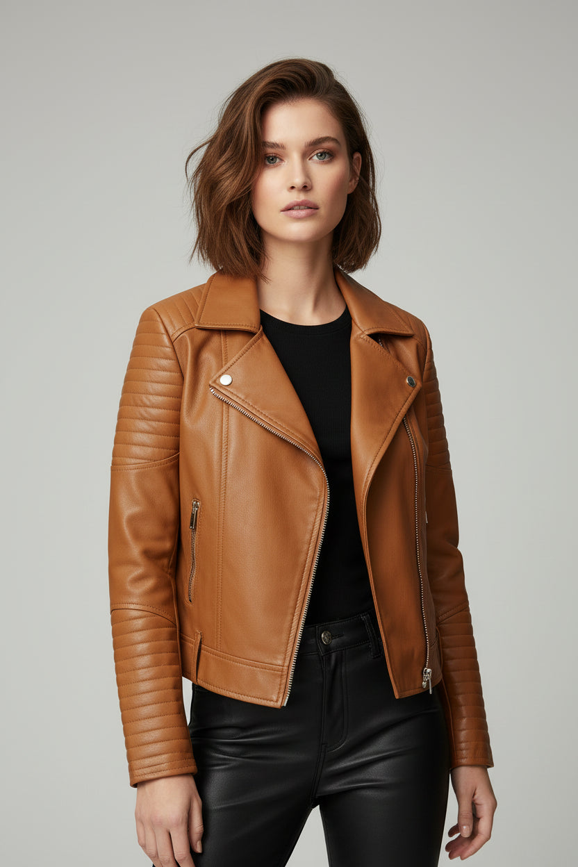 Isavelle | Faux Leather Moto Zip Belted Jacket - Edgy Biker Outerwear