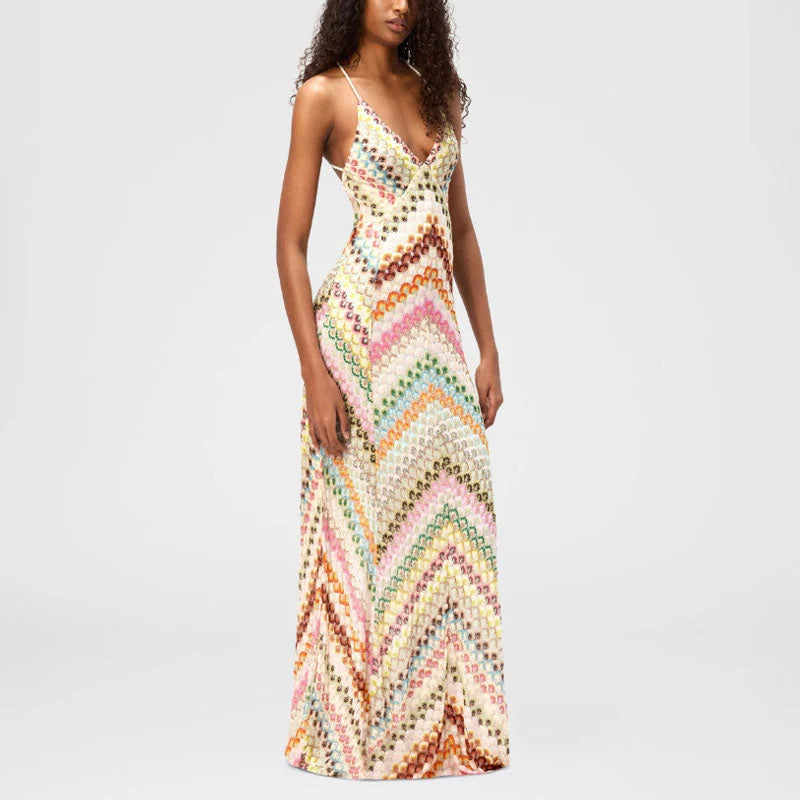 Isolde | Chevron Pattern Openwork Boho Maxi Dress - Artful Free Spirited Style