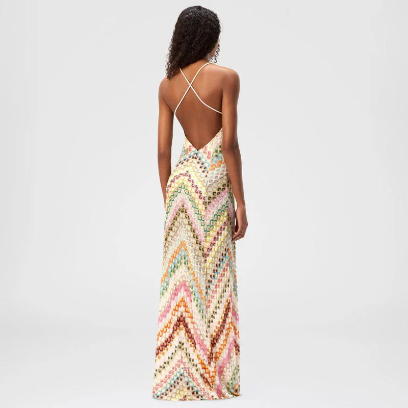 Isolde | Chevron Pattern Openwork Boho Maxi Dress - Artful Free Spirited Style