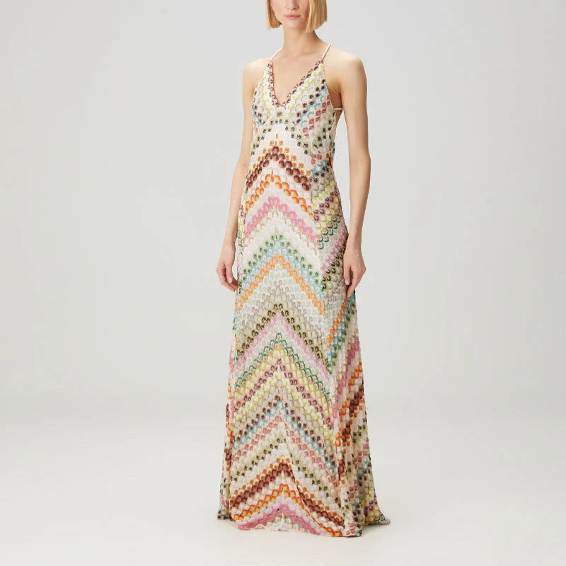 Isolde | Chevron Pattern Openwork Boho Maxi Dress - Artful Free Spirited Style