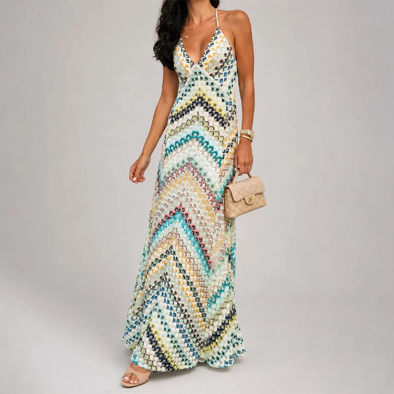 Isolde | Chevron Pattern Openwork Boho Maxi Dress - Artful Free Spirited Style