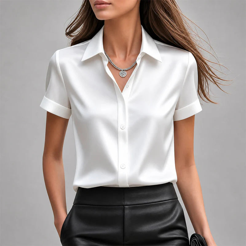 Josephine | Short Sleeve Button Blouse – Satin Finish Shirt for Polished Everyday Style