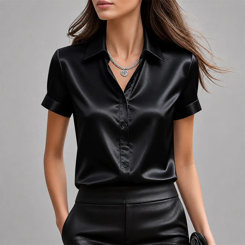 Josephine | Short Sleeve Button Blouse – Satin Finish Shirt for Polished Everyday Style
