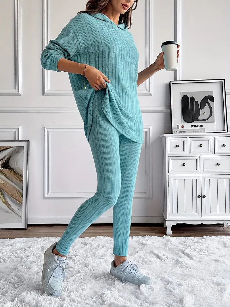 Katerina | Hooded Textured Tunic and Leggings Two-Piece Set - Casual Lounge Sets