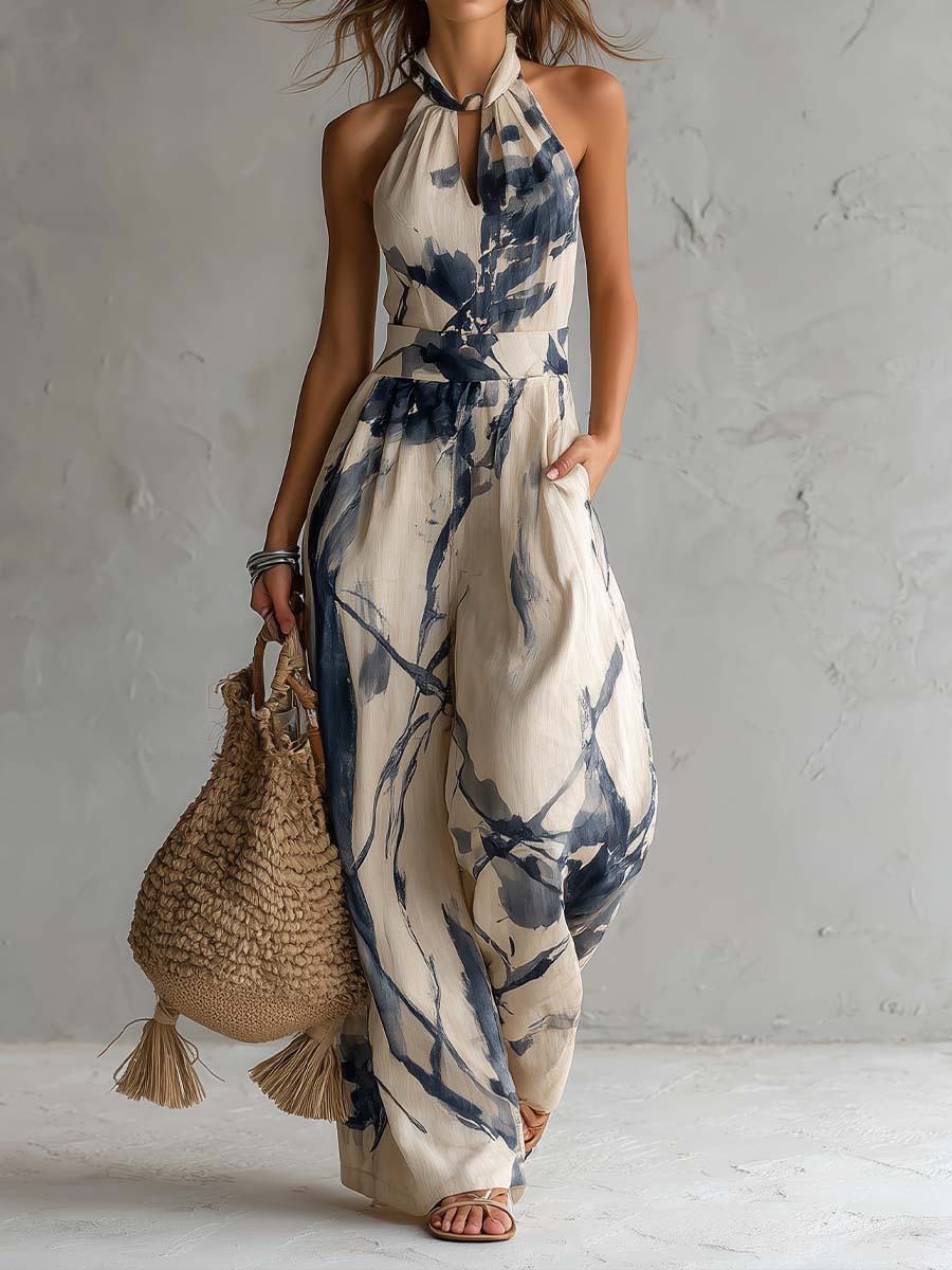 Katherine | Halter Neck Printed Wide-Leg Jumpsuit – Elegant Sleeveless Outfit