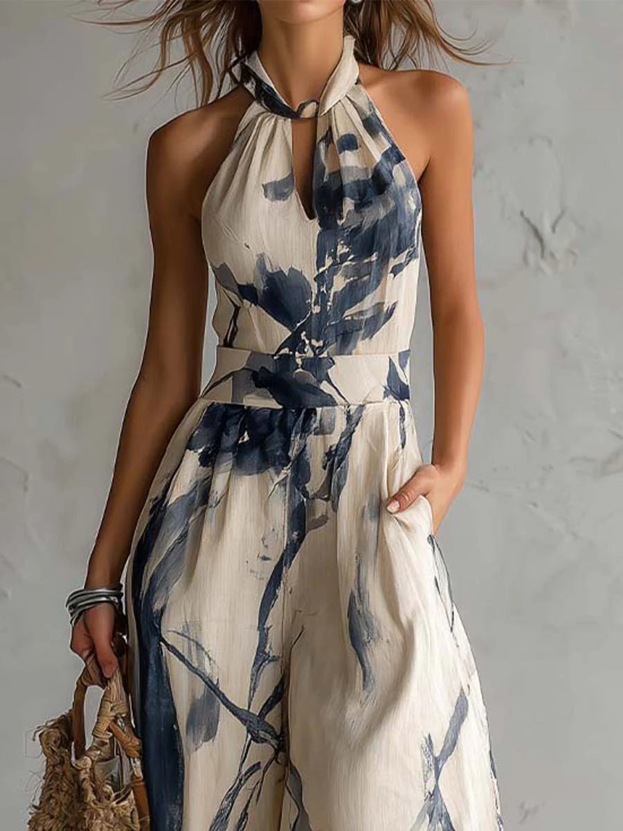 Katherine | Halter Neck Printed Wide-Leg Jumpsuit – Elegant Sleeveless Outfit