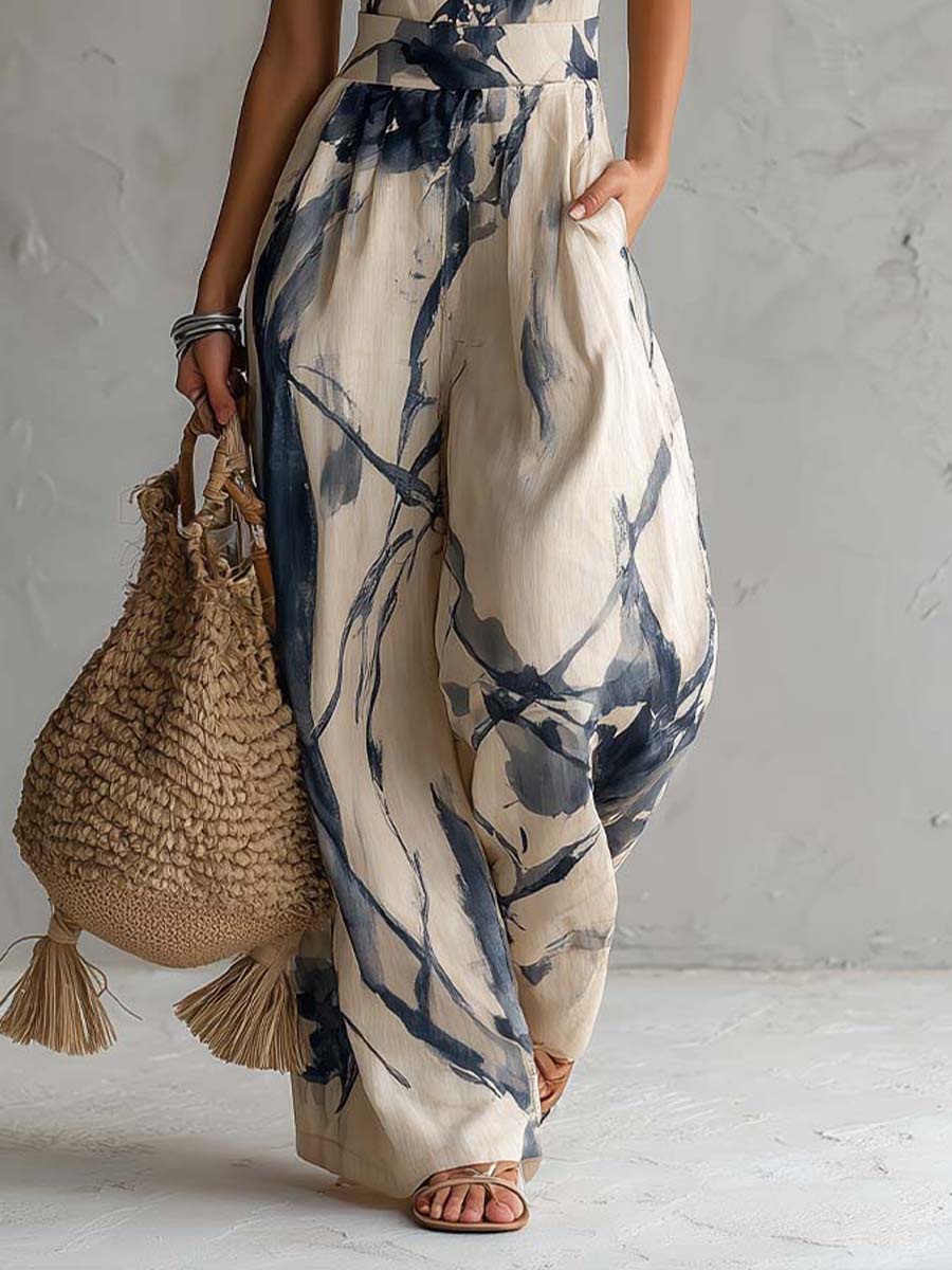 Katherine | Halter Neck Printed Wide-Leg Jumpsuit – Elegant Sleeveless Outfit