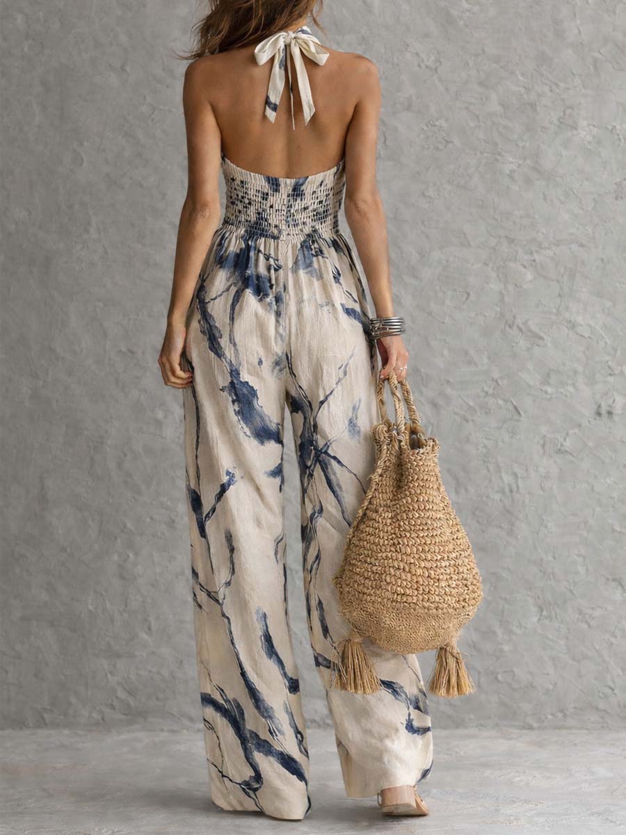 Katherine | Halter Neck Printed Wide-Leg Jumpsuit – Elegant Sleeveless Outfit