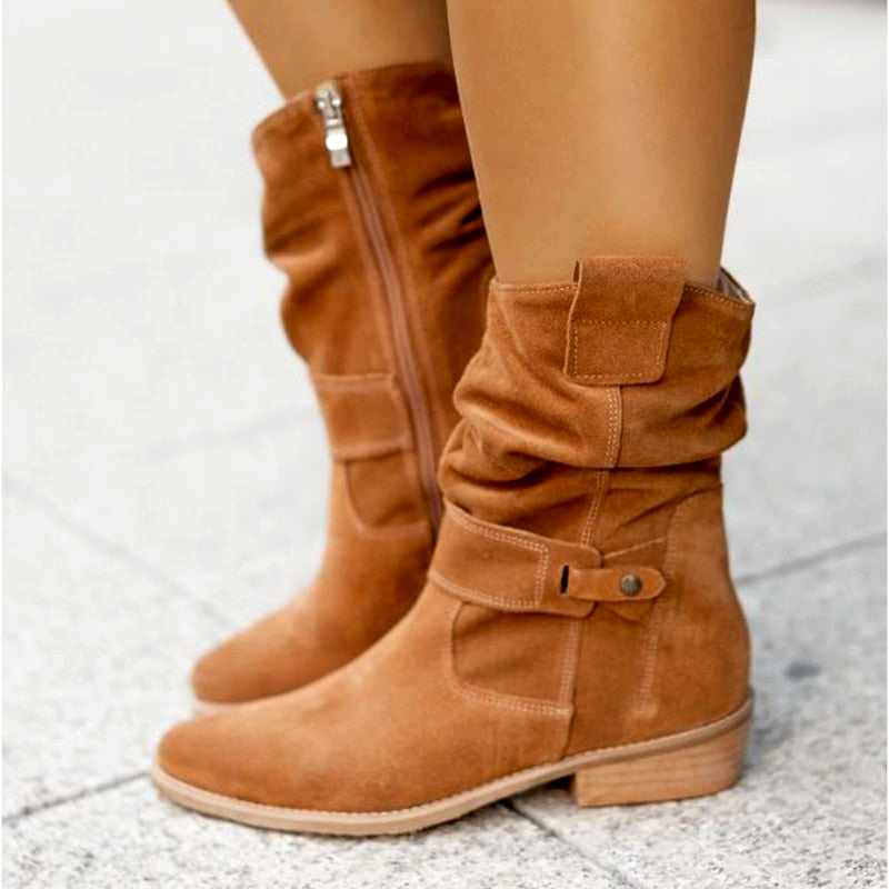 Liora | Buckle Strap Ruched Slouch Mid-Calf Boots - Casual Low Heel Footwear