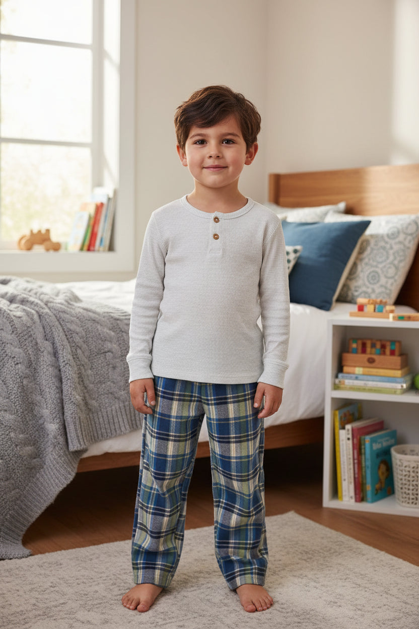 Little Kids Deep Blue Plaid PJ Set – Relaxed Fit Sleepwear Essential