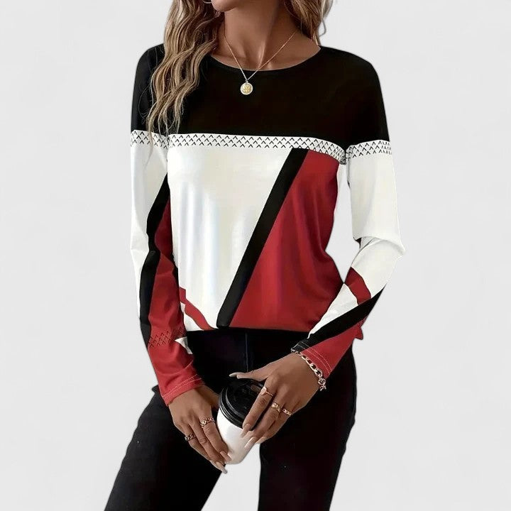 Louisa | Color Block Crewneck Long Sleeve Top – Geometric Casual Pullover