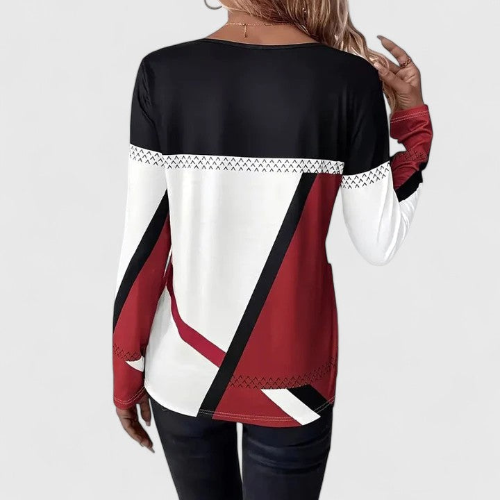 Louisa | Color Block Crewneck Long Sleeve Top – Geometric Casual Pullover