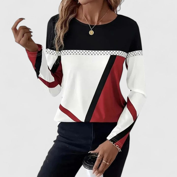 Louisa | Color Block Crewneck Long Sleeve Top – Geometric Casual Pullover