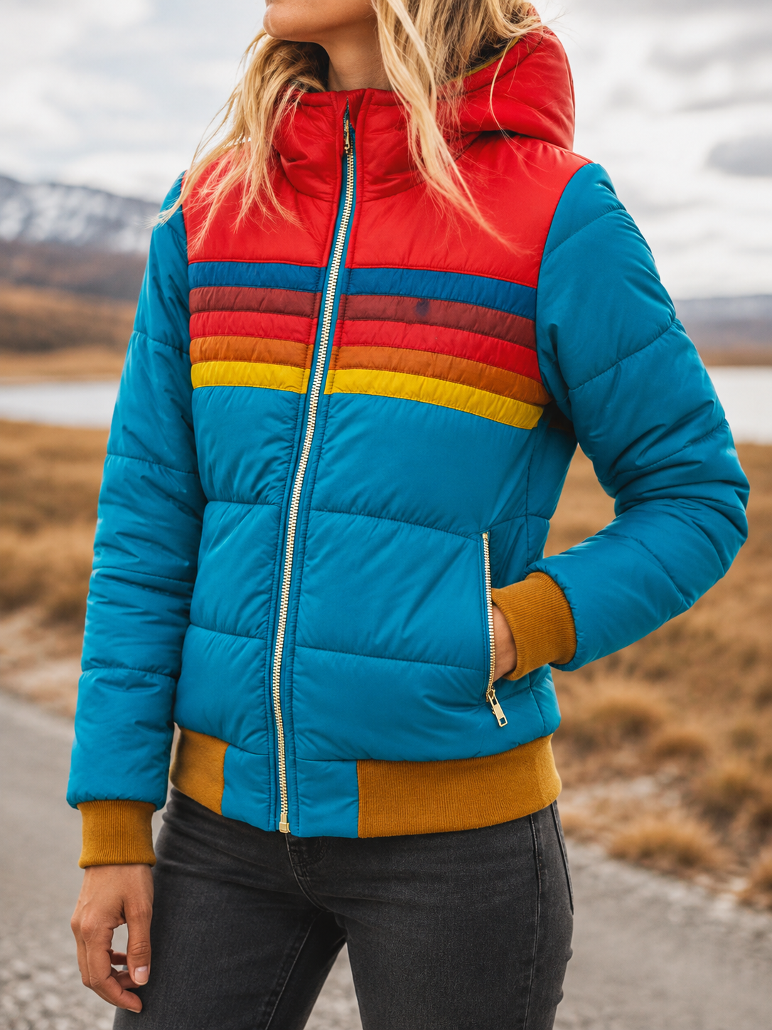 Lucia | Hooded Bomber-Style Puffer Jacket – Colorful Striped Zip-Front Outerwear