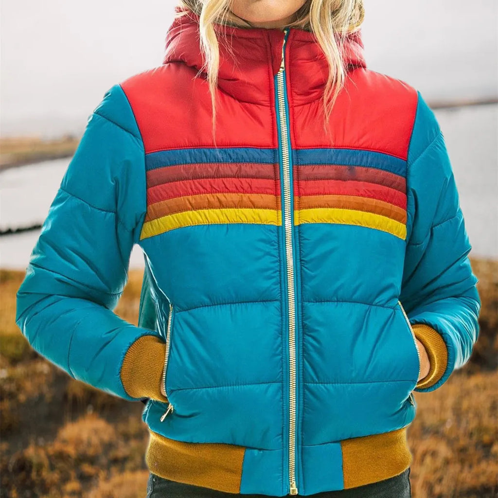 Lucia | Hooded Bomber-Style Puffer Jacket – Colorful Striped Zip-Front Outerwear