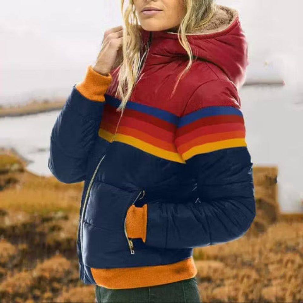 Lucia | Hooded Bomber-Style Puffer Jacket – Colorful Striped Zip-Front Outerwear
