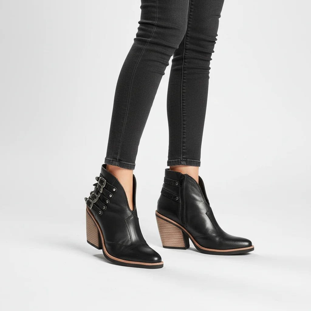 Luma | Buckle Detail Stacked Heel Ankle Boots - Edgy V-Cut Leather Booties