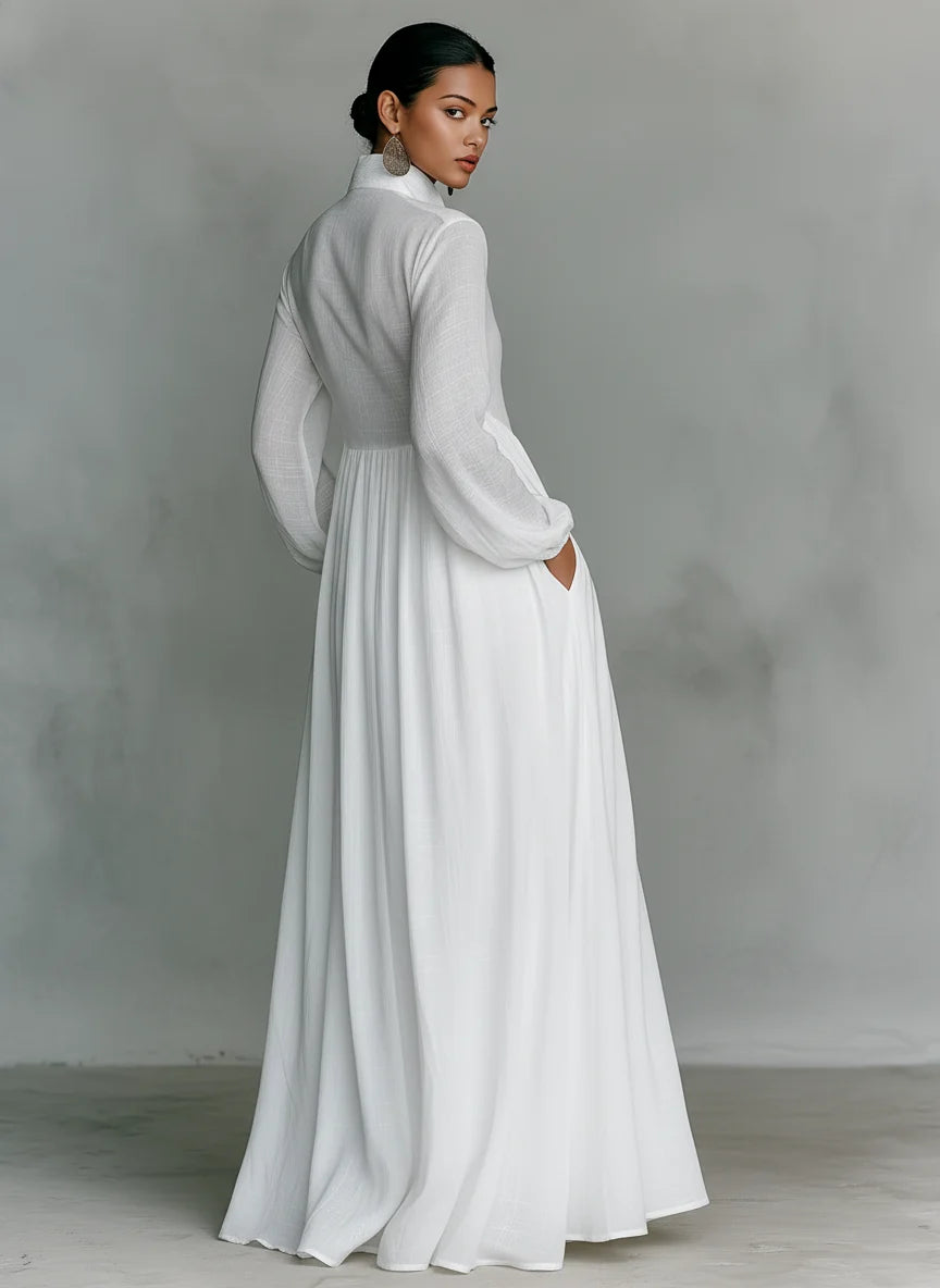 Bernadette | Pleated-Top Long-Sleeve Button-Front Maxi Dress - Elegant White Resort Wear