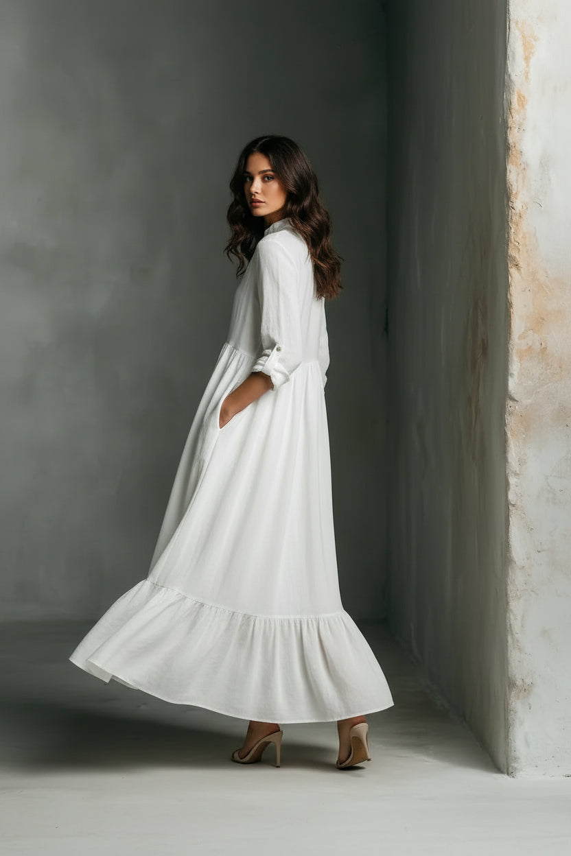 Cora | White Ruffle Maxi Dress – Long Sleeve Flowing Dress