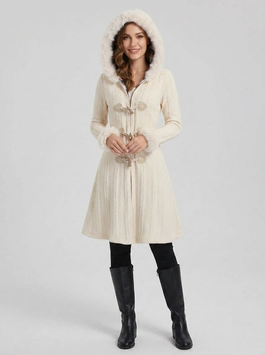 Vera | Faux-Fur Trim Hooded Toggle-Button Knit Coat – Cold-Weather Fall and Winter Outerwear