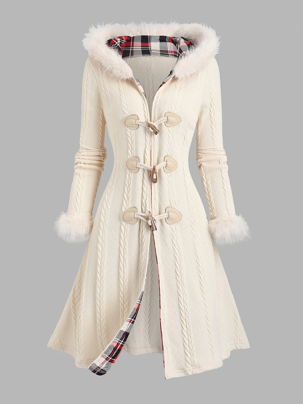 Vera | Faux-Fur Trim Hooded Toggle-Button Knit Coat – Cold-Weather Fall and Winter Outerwear