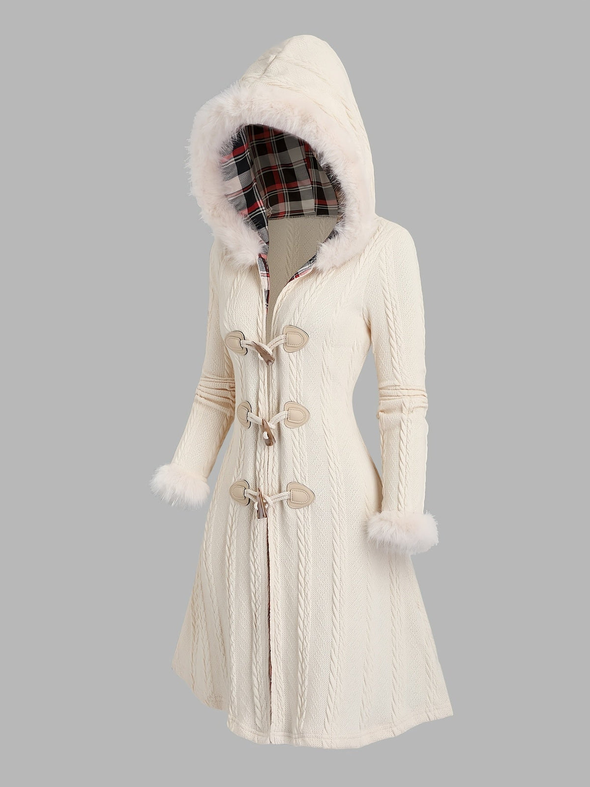 Vera | Faux-Fur Trim Hooded Toggle-Button Knit Coat – Cold-Weather Fall and Winter Outerwear