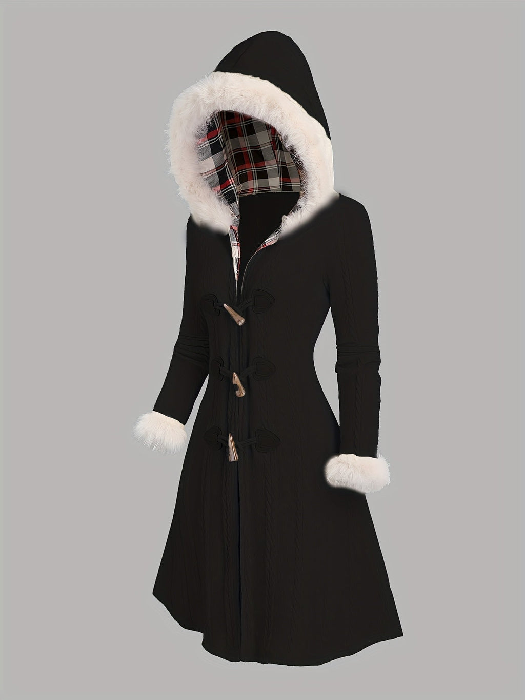 Vera | Faux-Fur Trim Hooded Toggle-Button Knit Coat – Cold-Weather Fall and Winter Outerwear