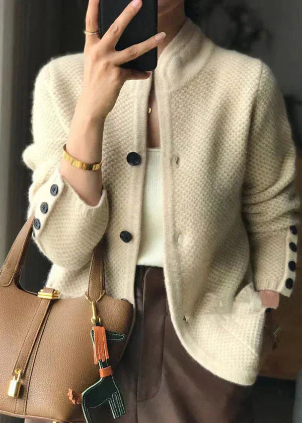 Marivelle | Cozy Textured Button-Cuff Cashmere Cardigan - Mock-Neck Knitwear