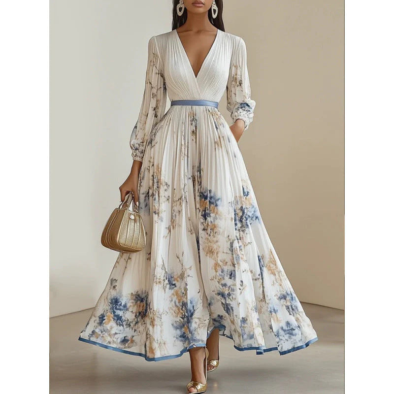 Women's Pleated A-Line Evening Dress – Flowy Midi Dress with V-Neck & Three-Quarter Sleeves for Special Occasions